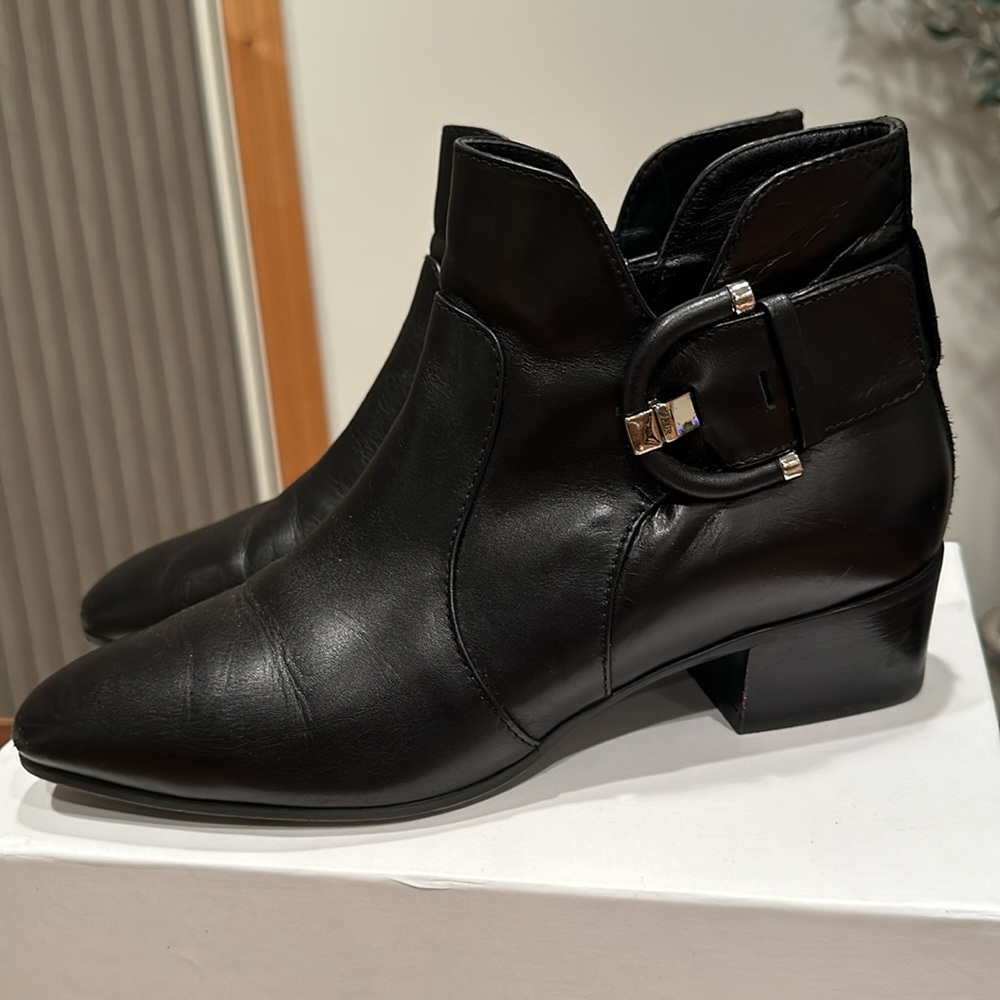 Aquatalia Phiona Black Leather‎ Ankle Boots with Buckle Detail